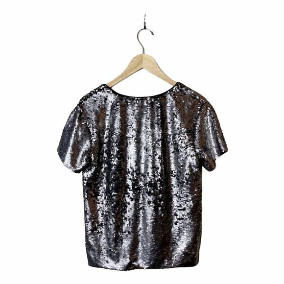 ANTHROPOLOGIE Sequin Top Short Sleeve V-Neck Vanessa Virginia Silver Small EUC - Picture 7 of 11